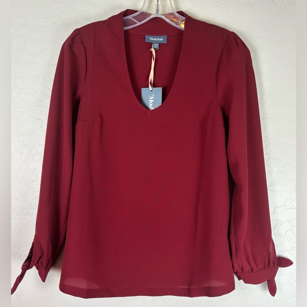 NEW ModCloth Long Tie Sleeve Boho Peasant Blouse Burgundy Top Career XXS 1345